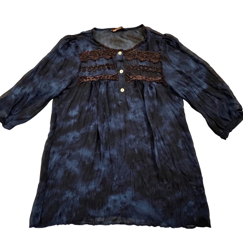 Mushka by‎ Sienna Rose Inc Tie Dye Sheer Lace Trim Tunic Top Blouse Women M. EUC